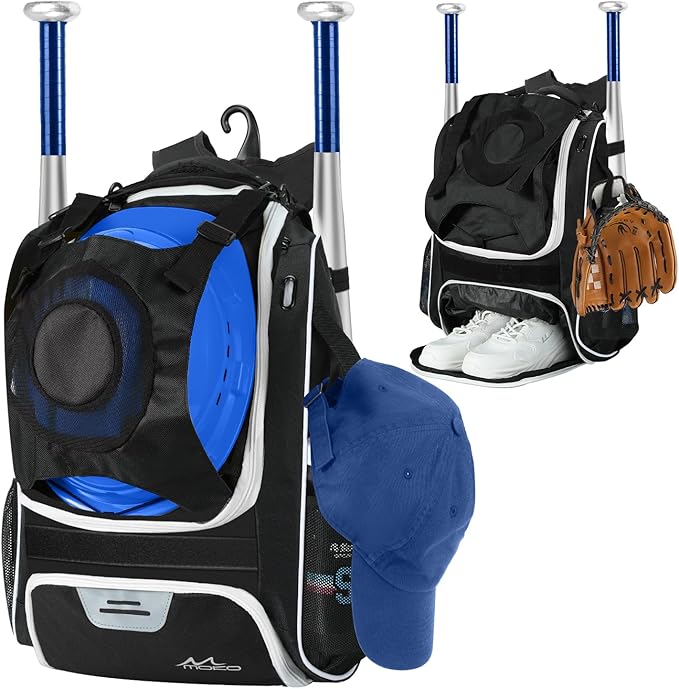MoKo Baseball Bag, Softball Bag with External Helmet Holder & Fence Hook for T-Ball Bat Softball Equipment, Lightweight & Breathable Baseball Backpack with Shoe Compartment for Youth & Adult, Black