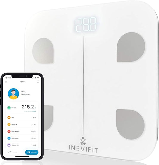 INEVIFIT Smart Body Fat Scale, BMI Highly Accurate Bluetooth Digital Bathroom Body Composition Analyzer. Measures Body Fat, Water, Muscle, Bone Mass & More for Unlimited Users