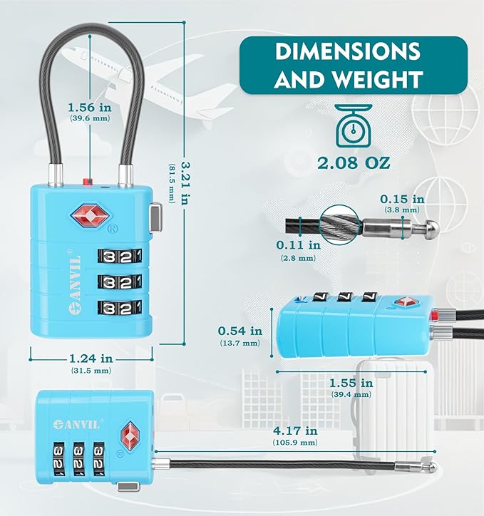 ANVIL TSA Approved Luggage Locks – High Security TSA008 Combination Travel Locks with Inspection Indicator for Suitcases and Backpacks. (4, Bule)