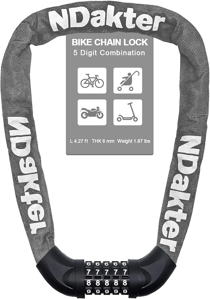 NDakter Bike Chain Lock, 5 Digit Combination Heavy Duty Anti Theft Bicycle Chain Lock,2.62/3.2/4.27/5/6Ft Long Security Resettable Bike Locks for Bike, Bicycle, Scooter, Door, Gate, Fence-4/6mm Thick
