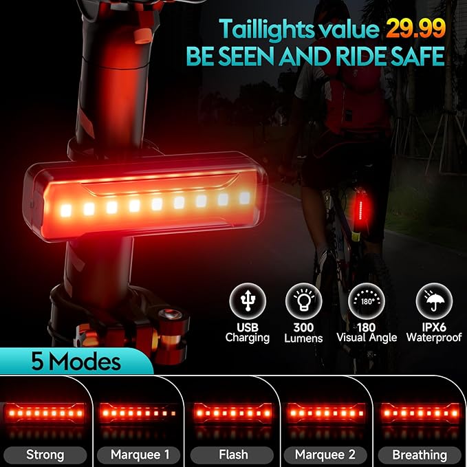 Upgrade Super Bright 6 LED Bike Light for Night Riding,3800 Lumens Aluminum Rechargeable Bicycle Light, 6000 mAh ，Runtime 48+hrs,10 Modes Waterproof Safety Bike Headlight Taillight for Outdoor Cycling
