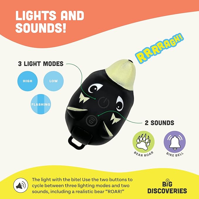 Big Discoveries Bear Bike Light - Kids Bicycle and Scooter LED Light with Realistic Roar and Bell Sound Effects | Fun Light and Horn Accessory for Boys, Girls, and Adults