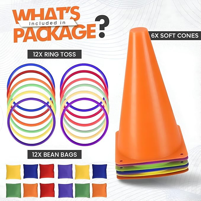 CircleCraft 31 Pcs. Plastic Cones and Rings Games Ring Toss Games for Adults, Carnival Games for Kids, Bean Bag for Kids Games Birthday Party, Yard Game, Sports & Outdoor Game for Family Party