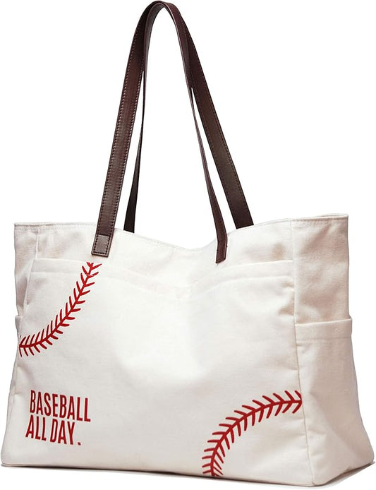 XL Baseball Mom Tote Bags For Women Canvas Utility Purse Handbag with Pockets