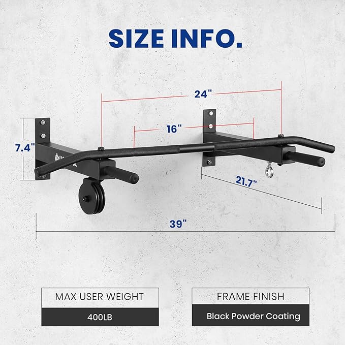 LIONSCOOL Multifunctional Wall Mounted Pull Up Bar with Pulley System, 48" and 16"/24" Multi-Grip Chin Up Bar, Cable Pulley Attachments Included, Perfect for Upper Body Workouts