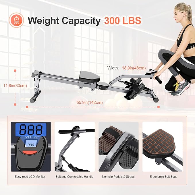 Rowing Machine, Compact Adjustable Rowing Machine 12 Levels of Complete Body Workout Resistance for Home, Low-Impact