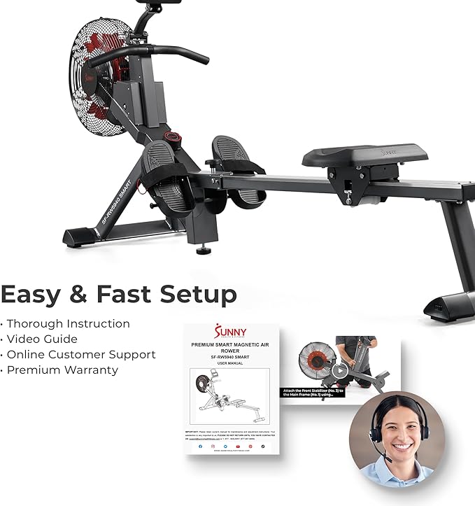 Sunny Health & Fitness Premium Smart Air & Magnetic Resistance Rowing Machine, Foldable Long Silding Rail Exercise Rower for Home Training, Free SunnyFit App Connection