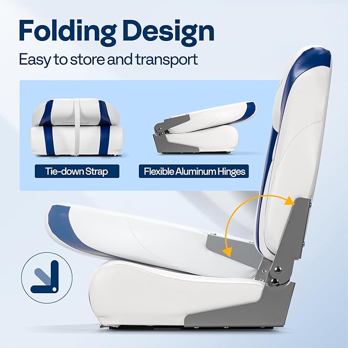 VIVOHOME Folding High Back Boat Seats 2 Pack, Waterproof Boat Captain Chairs, 4 Mounting Screws Included, White and Blue