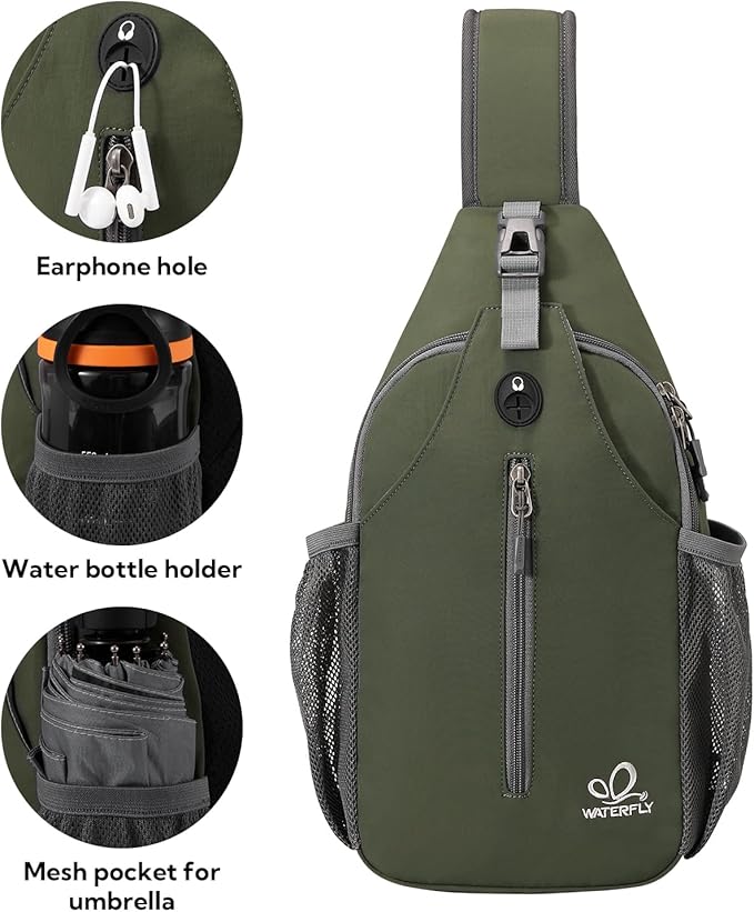 WATERFLY Crossbody Sling Backpack Sling Bag Travel Hiking Chest Bag Daypack