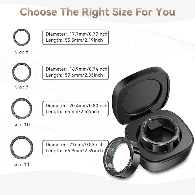 Health Smart Ring for Men Women, Fitness Tracker with Heart Rate/Blood Pressure/Blood Oxygen Monitor,Sleep Tracker,Pedometer, IP68 Waterproof Ring for iPhone&Android, No Subscription (Black, Size10）