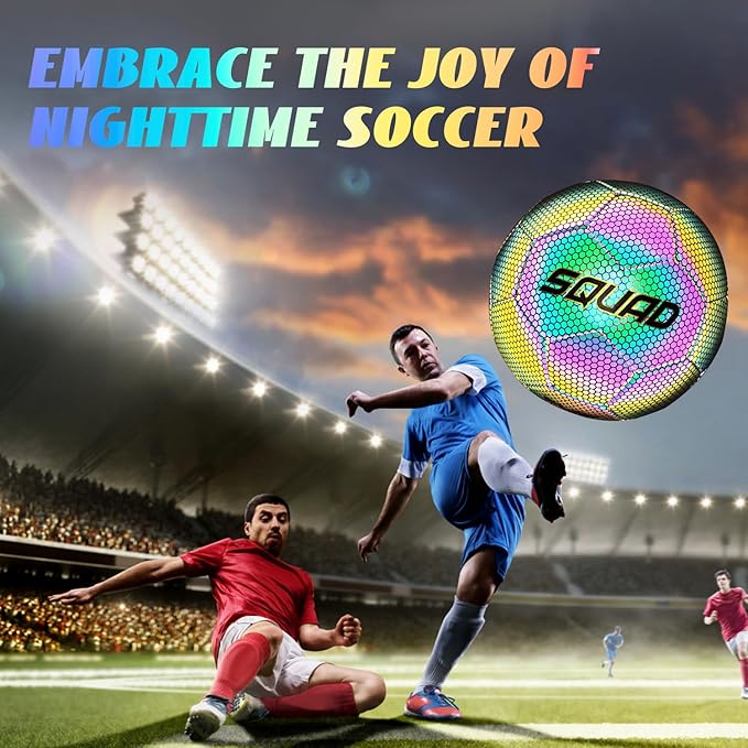SQUAD Holographic Reflective Soccer Ball Size 5 - Reflective Glowing Ball for Night Games & Training - Durable PU Leather and Rubber Airbags - Cool & Unique Gift for Soccer Fans