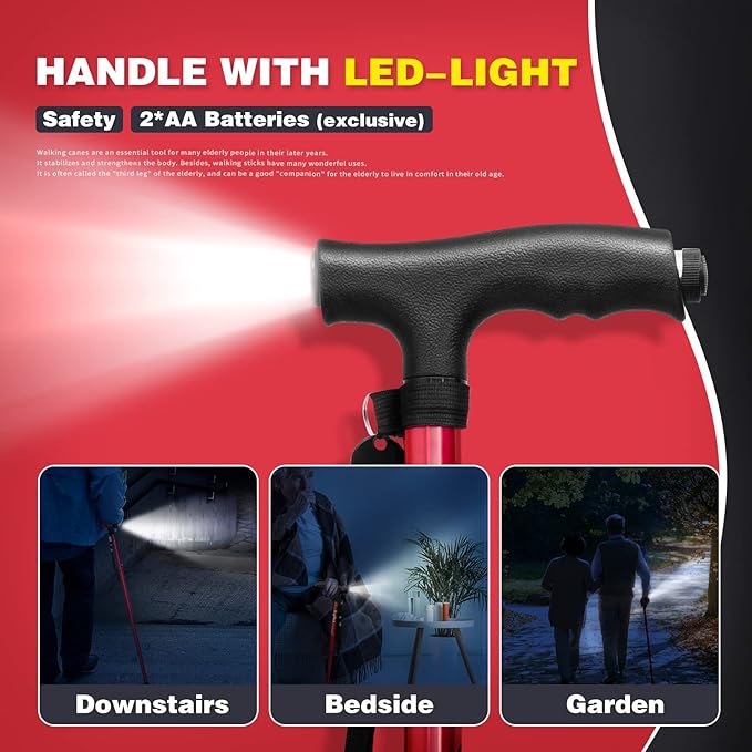 BigAlex Folding Walking Cane with LED Light,Pivoting Quad Base,Adjustable Walking Stick with Carrying Bag for Men/Women(5'5''-6'3'' Red)