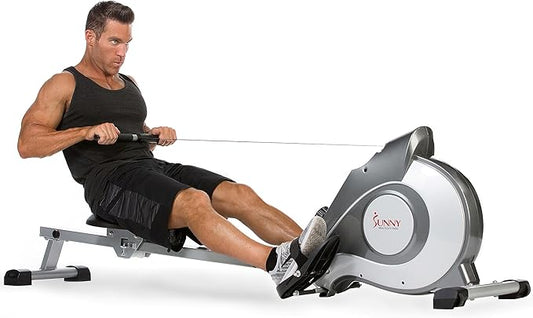 Sunny Health & Fitness Flip & Foldable Rowing Machine for Home w/Extended Slide Rail, Full-Body Workout, Low-Impact, Optional Extra Long Rail, Quiet Rail Cover, Water Motion and Free SunnyFit App