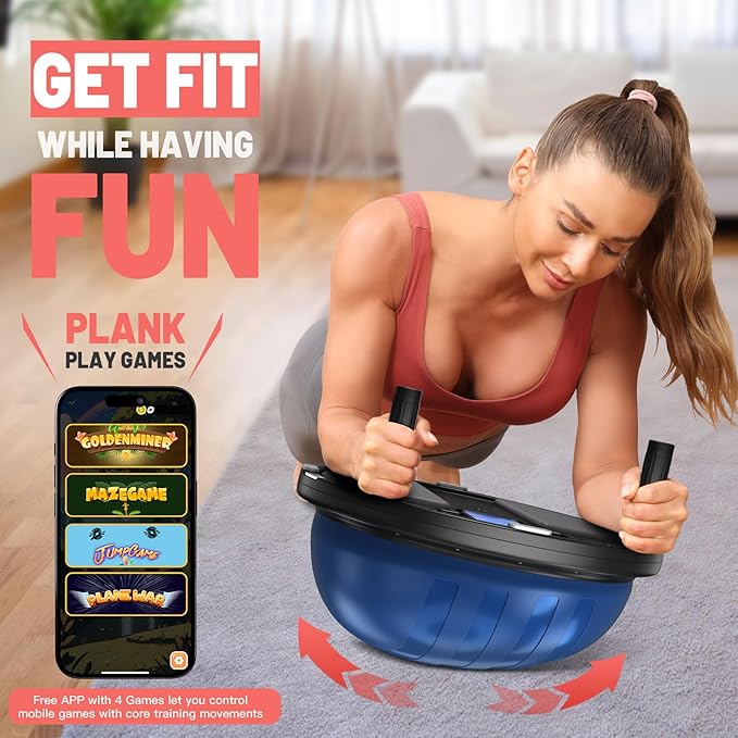 BODYRHYTHM 2 IN 1 Balance Ball & Plank Board Trainer with Free iOS/Android App & 4 Free Games for Full Body Workout - Half Exercise Yoga Ball Trainer with 2 Bands & Pump for Strength Training