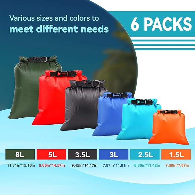 6PCS Dry Bags Waterproof, Lightweight Dry Bags for Kayaking Waterproof，Outdoor Waterproof Bag for Kayaking Hiking Boating Camping