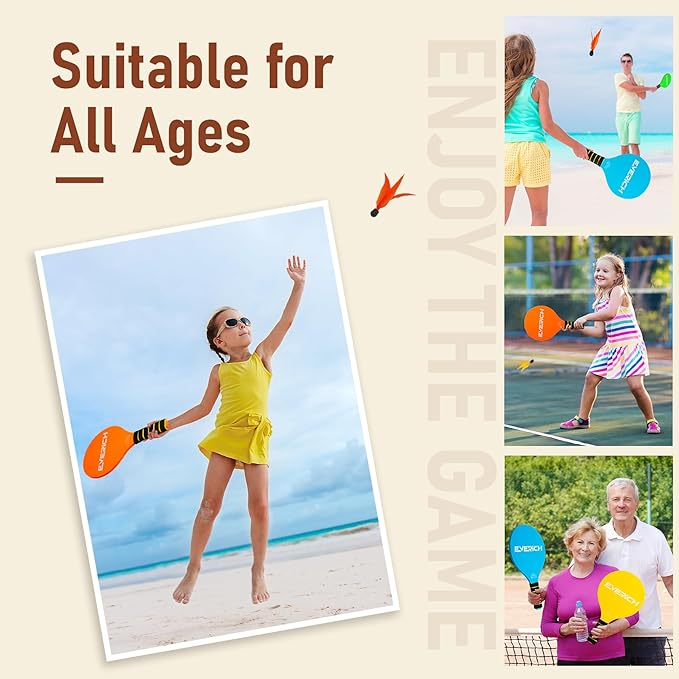 EVERICH TOY Paddle Ball Set, Badminton Set 4 Rackets, Great Gifts Easter Basket Stuffers for Kids Teens Adults and Family, Fun for Beach, Yard, and Lawn Play All Year Round