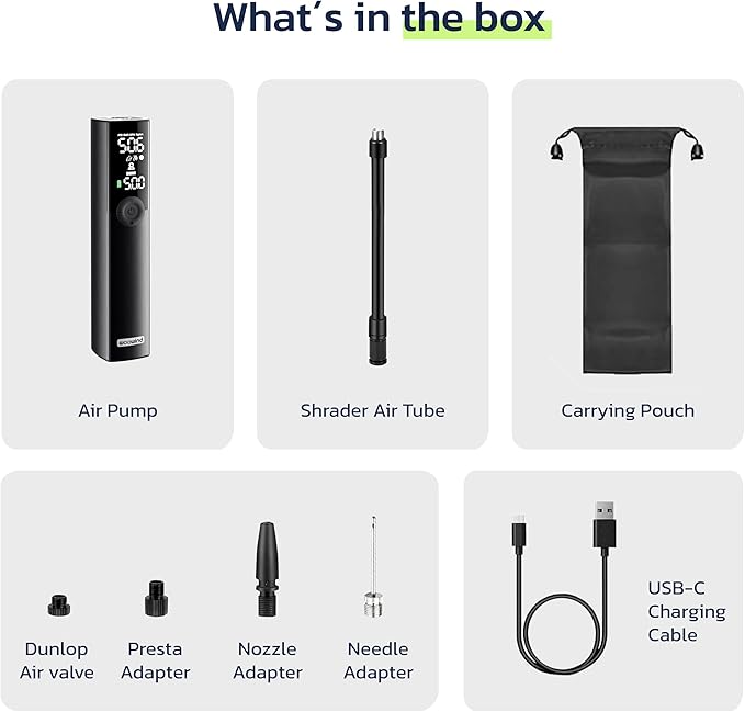 Woowind BP188 Bike Pump, The Pro Electric Bicycle Pump Tire Inflator Portable Air Compressor with Schrader, Presta and Dunlop Valve Adapters - 120~150PSI Options
