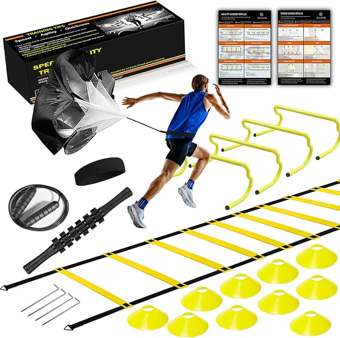 Agility Ladder Speed Training Equipment Set-20ft Agility Ladder 4 Adjustable Hurdles Running Parachute Jump Rope Speed Training Equipment for Soccer Football Basketball
