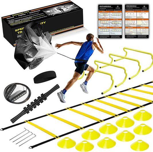 Agility Ladder Speed Training Equipment Set-20ft Agility Ladder 4 Adjustable Hurdles Running Parachute Jump Rope Speed Training Equipment for Soccer Football Basketball