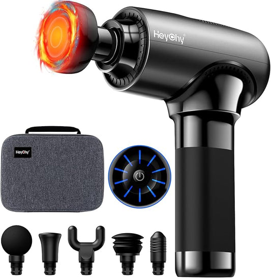 Deep Tissue Massage Gun with Heat Head, Handheld Muscle Back Massager with Carry Case, Portable Percussion Massager Gun with 6 Replacements for Athletes Pain Relief