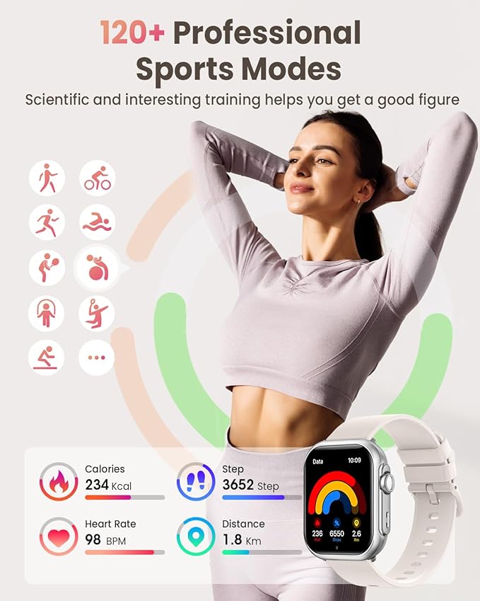 Fitness Smart Watches for Women Men: Smart Watch for iPhone&Android Bluetooth Call with 24/7 SpO2 Sleep Heart Rate Monitor, IP68, Fitness Tracker with 120+Sport, Reloj Inteligente 30 Day Life, 2 Bands