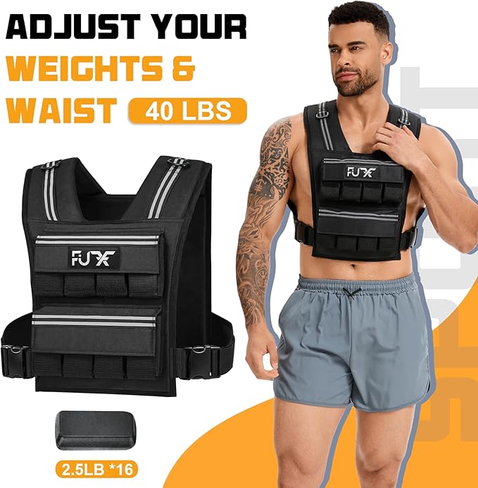FUFF Adjustable Weighted Vest for Men,20lbs/30lbs/40lbs Vest for Strength Training,Weight Vest with Reflective Strip for Running Walking Exercise Workout