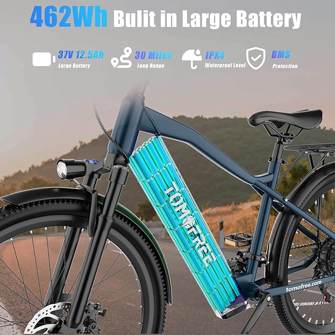 Tomofree Electric Bike for Adults, 21-Speed Mountain Ebike, Peak 1200W 24MPH Brushless Motor, Up to 30 Miles 37V Battery, 26X2.1 Tires Step-Over Electric Bycicle for Commute
