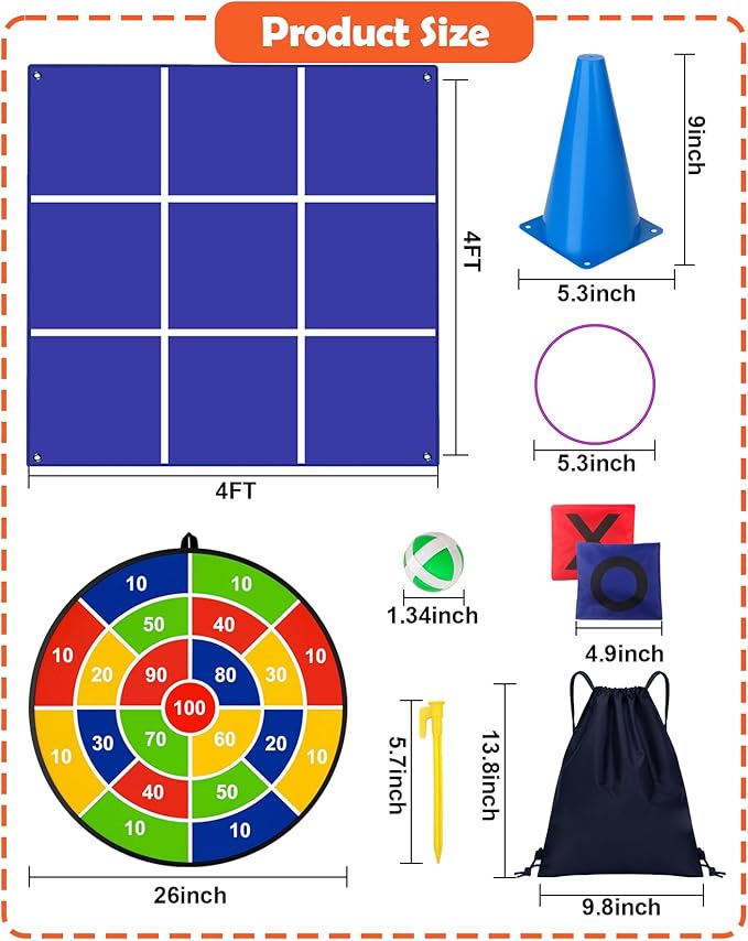 Carnival Games Set, Giant Tic Tac Toe Games, 4ft x 4ft Double-Sided, 26" Dart Board with Sticky Balls, Soft Plastic Cones Ring Toss Game Set for Kids Adults Family Outdoor Lawn Yard Birthday Party