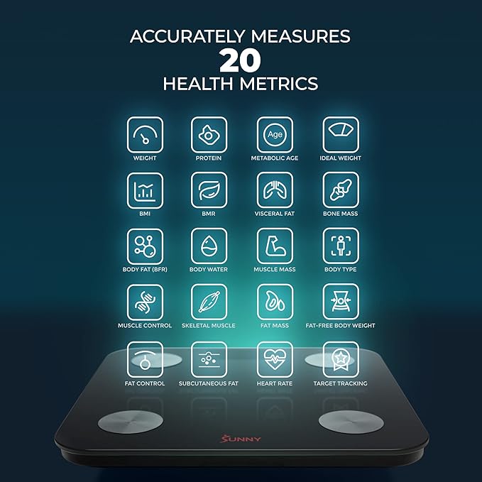 Sunny Health & Fitness 20 Metric Advanced Body Fat Composition BMI Scale with Health Tracker & Analyzer App - Smart Bathroom Scale for Body Weight, Metabolic Age, BMR, Fat Mass and More – SF-WS022063