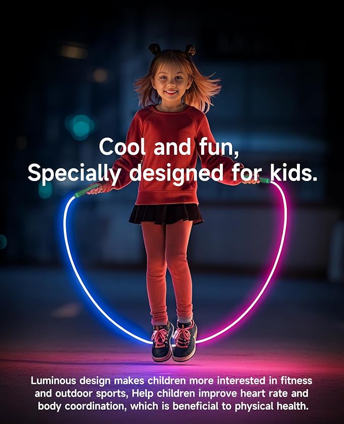 LED Light Up Jump Rope for Kids and Adult, Adjustable Glowing Skipping Rope for Boys and Girls, Colorful Luminous Jumping Rope for Fitness and Workout