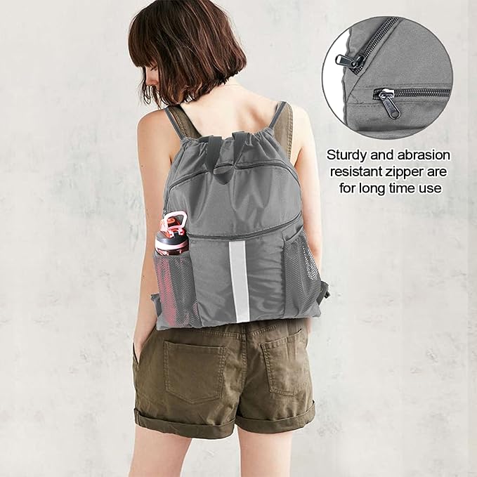 BeeGreen Drawstring Backpack Bag with Shoe Compartment, X-Large Black Gym Sports String Cinch Backpack