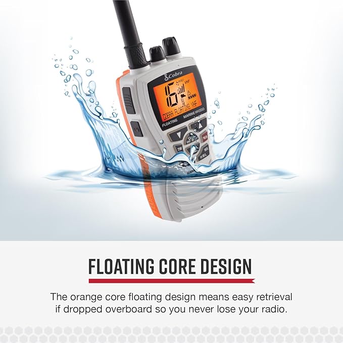 Cobra MR HH350 FLT Handheld Floating VHF Marine Radio - 6 Watt, Submersible, Noise Cancelling Mic, Backlit LCD Display, NOAA Weather, and Memory Scan, White