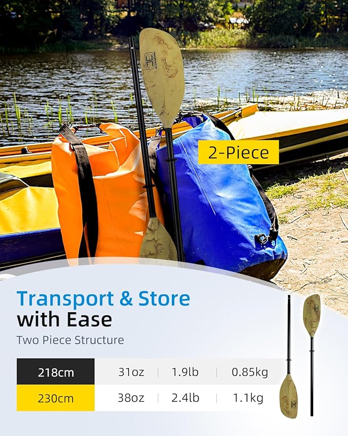 OCEANBROAD Kayak Paddle 86in/218cm, 90.5in/230cm Alloy Shaft 2-Piece Floatable Kayak Oar for Kayaking Canoeing Boating