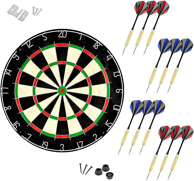 LinkVisions Dartboard with Staple-Free Bullseye, 18g Steel Tip Darts Set,12 Steel Tip Darts 18g, Dartboard Mounting Kits Included