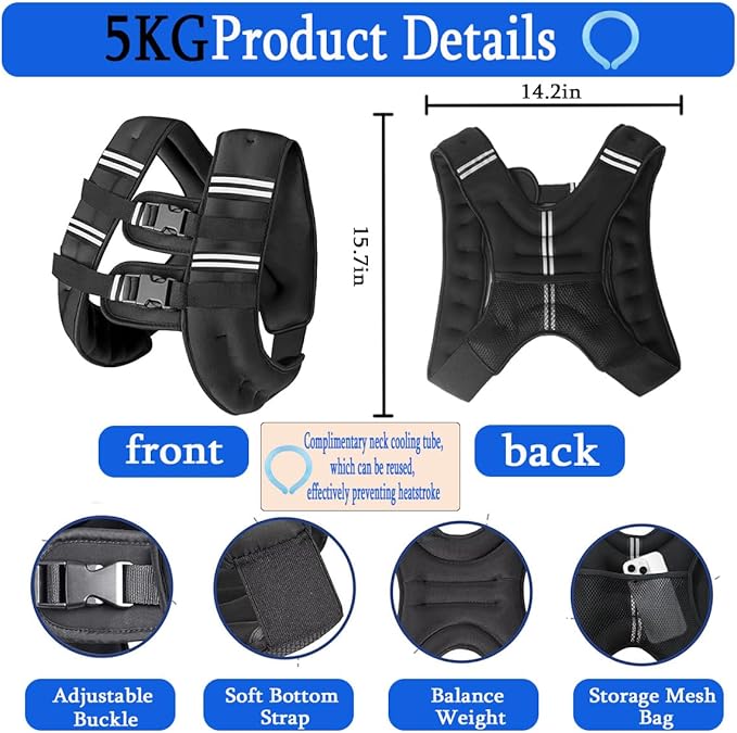 Weighted Vest for Women Men & Neck CoolingTube 2 pcs - Weighted Vest Woman,with Reflective Stripe Adjustable Safety Buckle,Men Womens weighted vest for Walking 6.6LB(3kg)11LB(5kg)17.6LB(8kg)22LB(10kg)