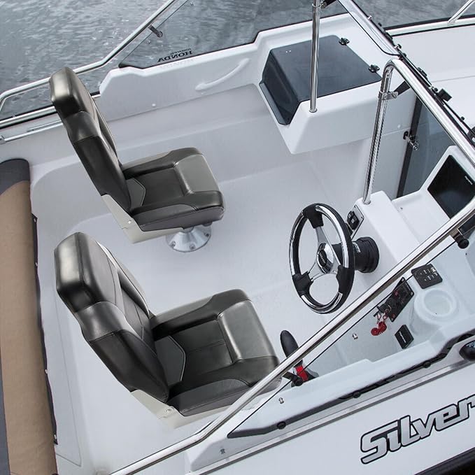 PEXMOR Boat Seats Low/High Back, Folding Boat Seat Included, Fold-Down Fishing Boat Seats Waterproof Captain Boat Seat w/Aluminum Hinges & Thick Soft Cushion, 2 Packs (High Back-Grey & Black)