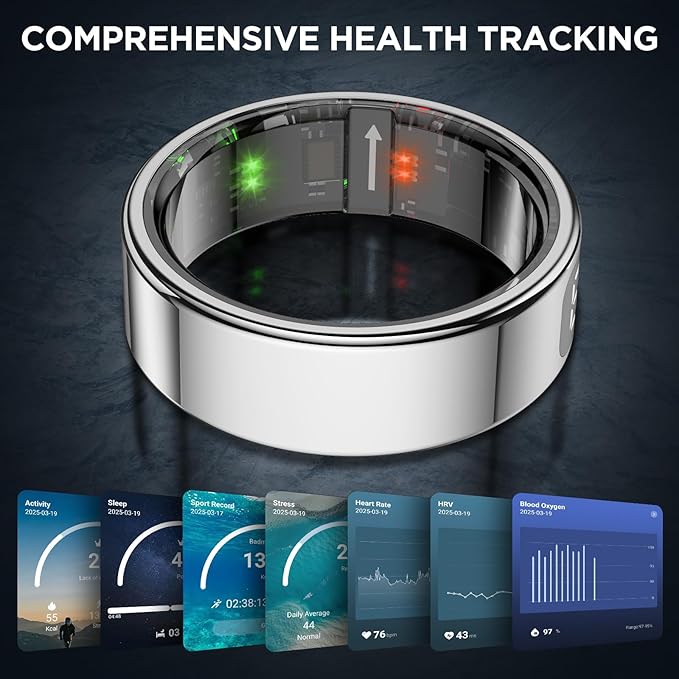 Smart Ring Health Tracker with Display Screen, Sleep Tracker with Heart Rate, Fitness Ring Step Tracker for Activity Monitoring/Steps/Calories,Wireless Charging, for iOS Android (Silver,12#)