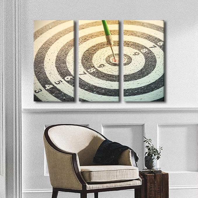 Wall Art Vintage House Decorations Dartboard with Darts Closeup Wall Pictures for Living Room Winner Concept Canvas Wall Art Modern Painting 3 Panel Prints Wall Art Framed Ready to Hang, 24"Wx36"H