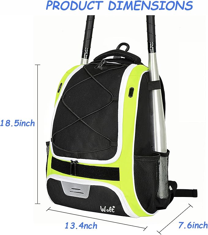 WOLT Youth Baseball Bag - Bat Backpack for Baseball, T-Ball & Softball Equipment & Gear, Bat & Glove Holder, Large Main Compartment for Helmet & accessories, Separate Shoes Compartment, Fence Hook