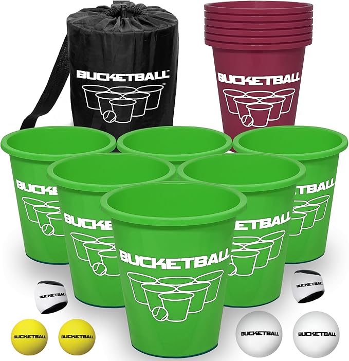 BucketBall | Team Color Edition | Combo Pack (Green/Maroon): Original Yard Pong Game: Best Camping, Beach, Lawn, Outdoor, Family, Adult, Tailgate, Jumbo, Giant Game