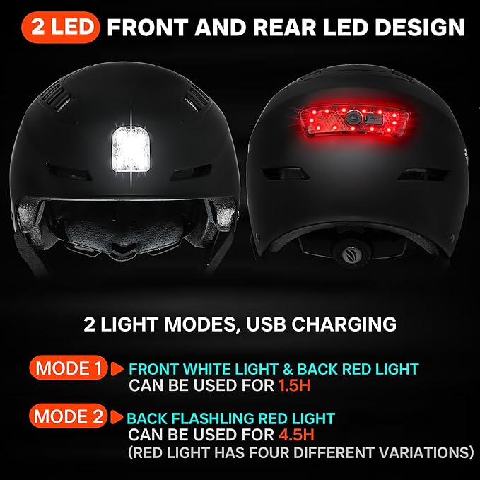 Bike Helmet with LED Lights Bicycle Helmets Commuter Cycling Helmet USB Rechargeable Front & Back LED Light Helmet for Adult Men Women