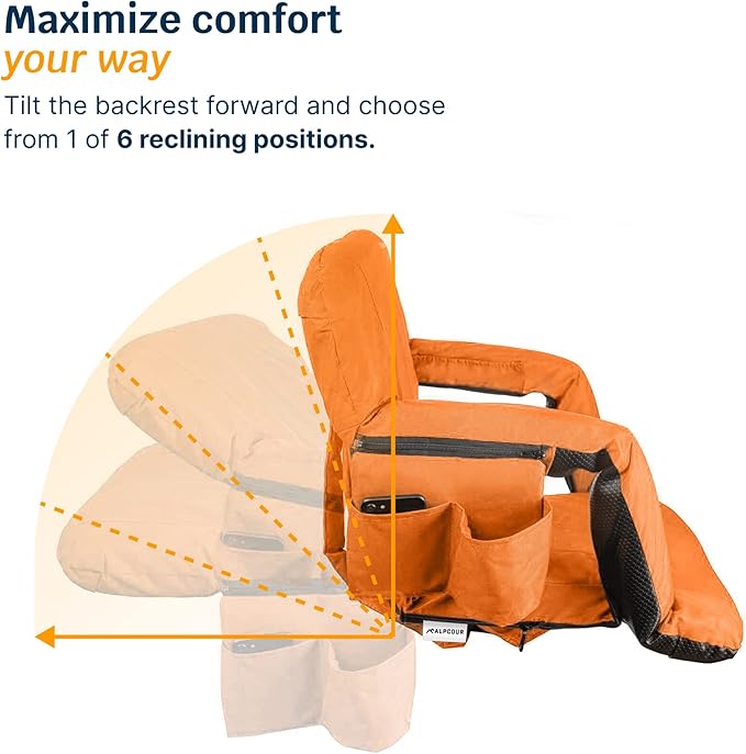 Alpcour Reclining Stadium Seat – Wide Bleacher Chair with Back Support and Cushion, Armrests, Side Pockets, and Bleachers Hook – Best Stadium Seats Chairs for Camping, Kayak, & Paddle Board Backs