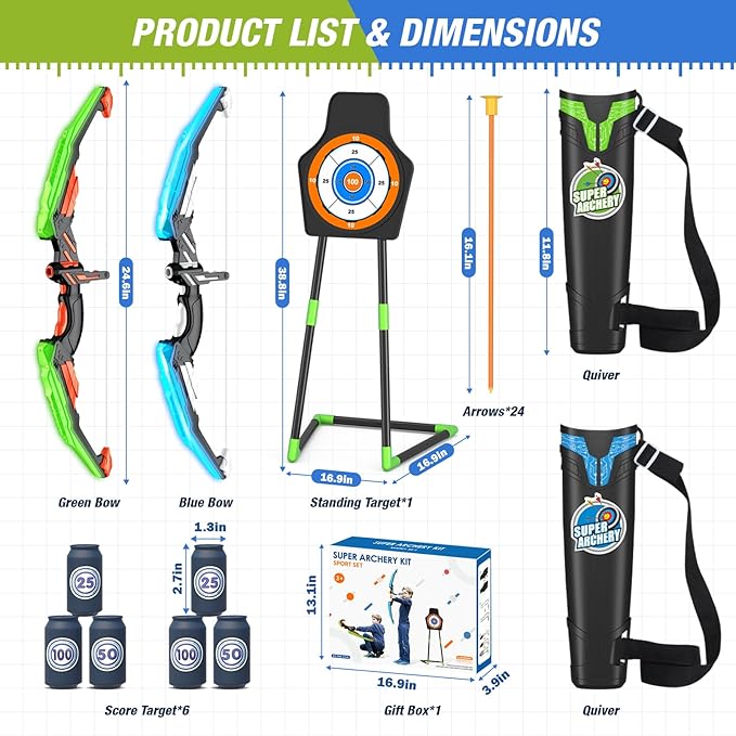 2 Pack Bow and Arrow for Kids, LED Light Up Archery Set with 24 Suction Cup Arrows, 1 Standing Target, 6 Score Targets & 2 Quiver, Indoor Outdoor Sport Gifts for Boys Girls Ages 4-8