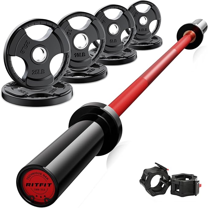 RitFit Barbell Weight Set - 4/6FT Olympic Barbell with Weight Plates (55-275LB Total) - Weightlifting Equipment for Squats, Curls, Deadlifts, Presses, Hip Thrusts