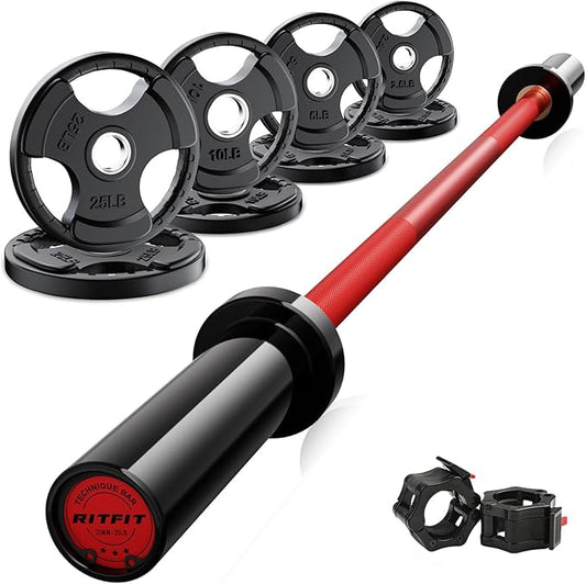 RitFit Barbell Weight Set - 4/6FT Olympic Barbell with Weight Plates (55-275LB Total) - Weightlifting Equipment for Squats, Curls, Deadlifts, Presses, Hip Thrusts