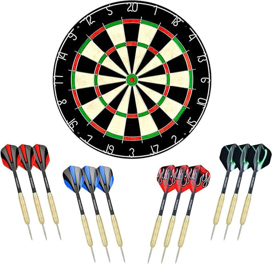 LinkVisions Dartboard with Staple-Free Bullseye, 18g Steel Tip Darts Set,12 Steel Tip Darts 18g, Dartboard Mounting Kits Included