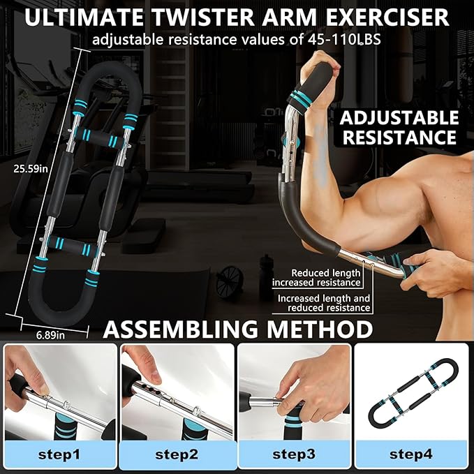 Twister Arm Trainer, Adjustable Chest Exerciser with 4 Spring, Detachable Power Twister Bar for Men Women, Portable Upper Body Strength Training Machine, Spring Resistance Fitness Equipment