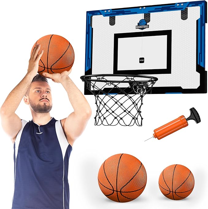 24" x 16" Large Basketball Hoop Indoor for Adults, Over The Door Basketball Hoop with Sturdy Backboard, Big Basketball Toys Gifts Ideas for Man Kids Teens Boys Girls, Blue
