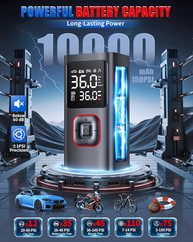 Tire Inflator Portable Air Compressor Cordless Tire Air Pump for Car 150PSI Mini Smart Inflator Fast Inflation and Auto Shutoff with Digital Pressure Gauge LED Light USB Port for Bike Motorcycle Ball