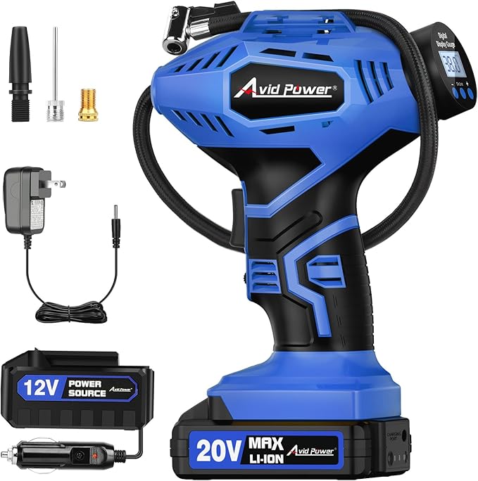 AVID POWER Cordless Tire Inflator Portable Air Compressor, 20V Rechargeable Battery Powered Car Tire Pump w/ 12V DC Adapter, Digital Pressure Gauge, Air Pump for Car, Bike, Motorcycle, Ball